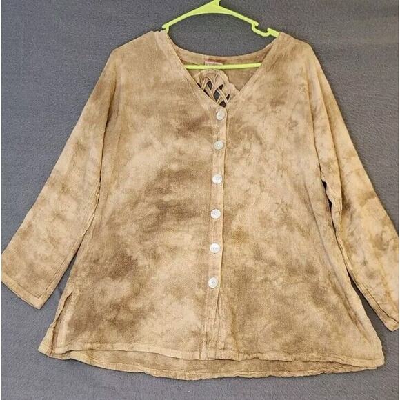 Oh My Gauze 1 (S/M) Fringe Cutout Back Tie Dye Brown Top Lagenlook Shell Buttons - Picture 1 of 9